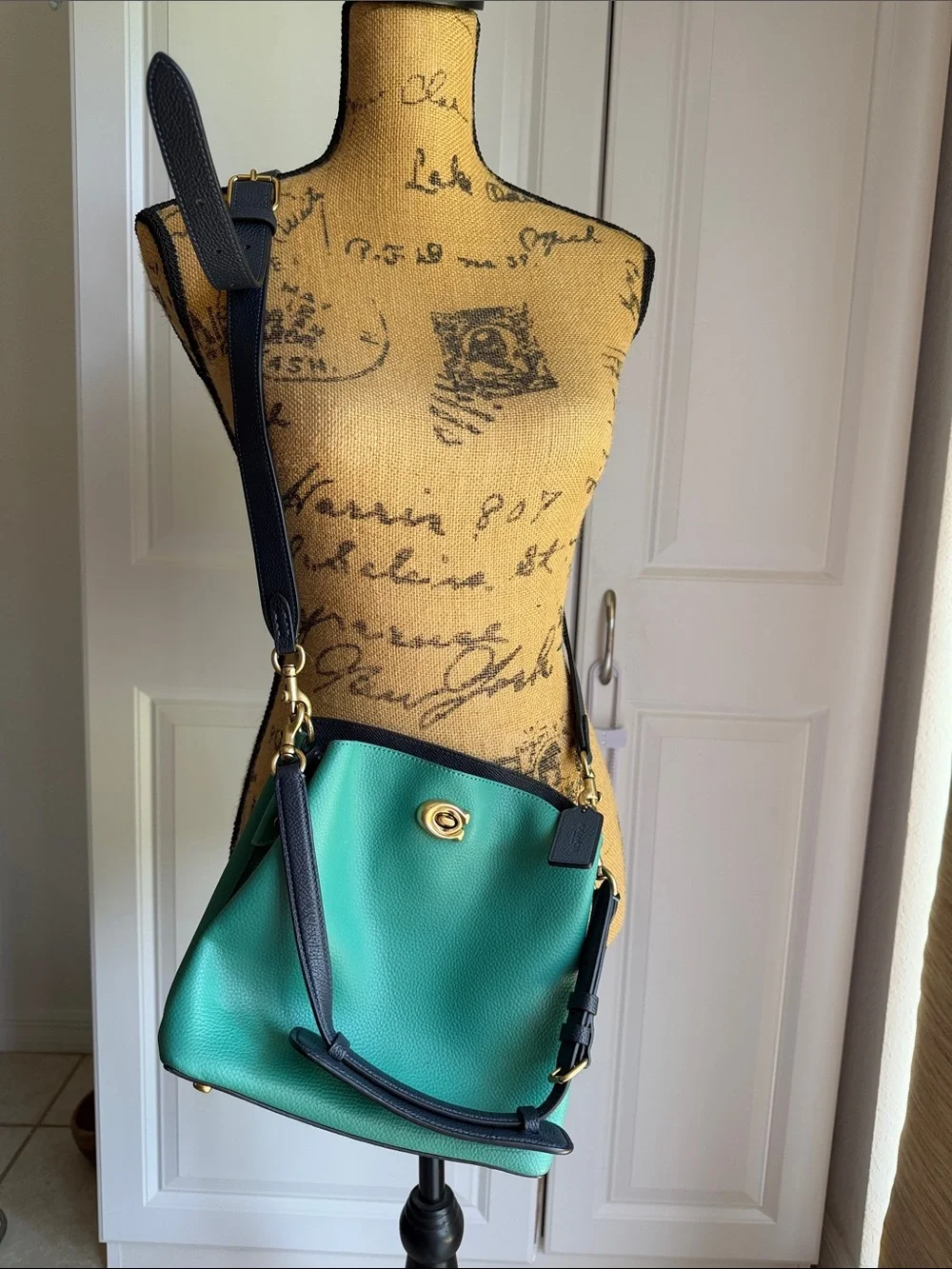 Coach Pebbled Leather Crossbody in Teal and Black with Gold Hardware